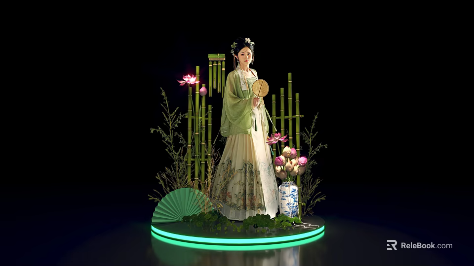 Traditional Attire Female Figure with Bamboo Lotus Flowers Fan and Vase on Illuminated Platform 3d model 