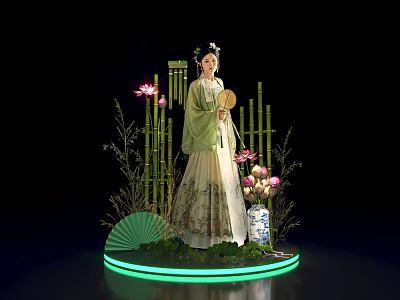 Traditional Attire Female Figure with Bamboo Lotus Flowers Fan and Vase on Illuminated Platform 3d model