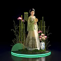 Traditional Attire Female Figure with Bamboo Lotus Flowers Fan and Vase on Illuminated Platform
