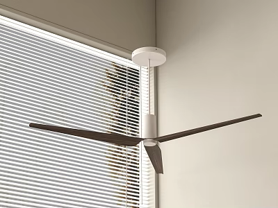 Modern Ceiling Fan With Sleek Blades Near Window Blinds And Light Colored Wall 3d model