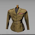 Brown military uniform jacket with epaulettes medals and ribbons pockets and belt on wooden hanger