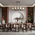 Chinese Traditional Tea Room Interior With Wooden Table Chairs Round Landscape Painting And Chandelier