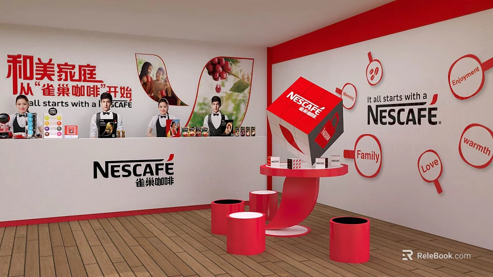 Stylish Cozy Nescafe Awning Featuring Red Seating Family Coffee Time and Wooden Flooring 3d model 