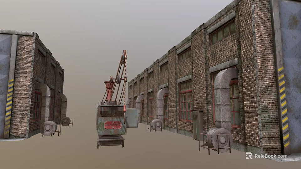 Old Brick Factory Buildings In Two Rows With Red Crane And Gray Background 3d model 