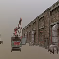 Old Brick Factory Buildings In Two Rows With Red Crane And Gray Background