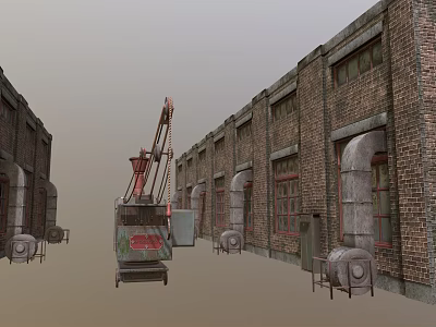 Old Brick Factory Buildings In Two Rows With Red Crane And Gray Background 3d model