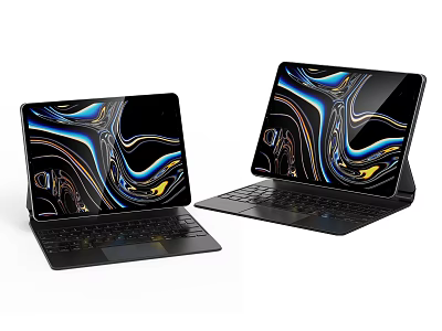 Two 2 in 1 Black Tablets with Detachable Keyboards and Colorful Screen Patterns 3d model