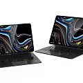 Two 2 in 1 Black Tablets with Detachable Keyboards and Colorful Screen Patterns