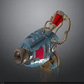 Blue And Red Mechanical Sci Fi Weapon With Coiled Spring Barrel And Gears