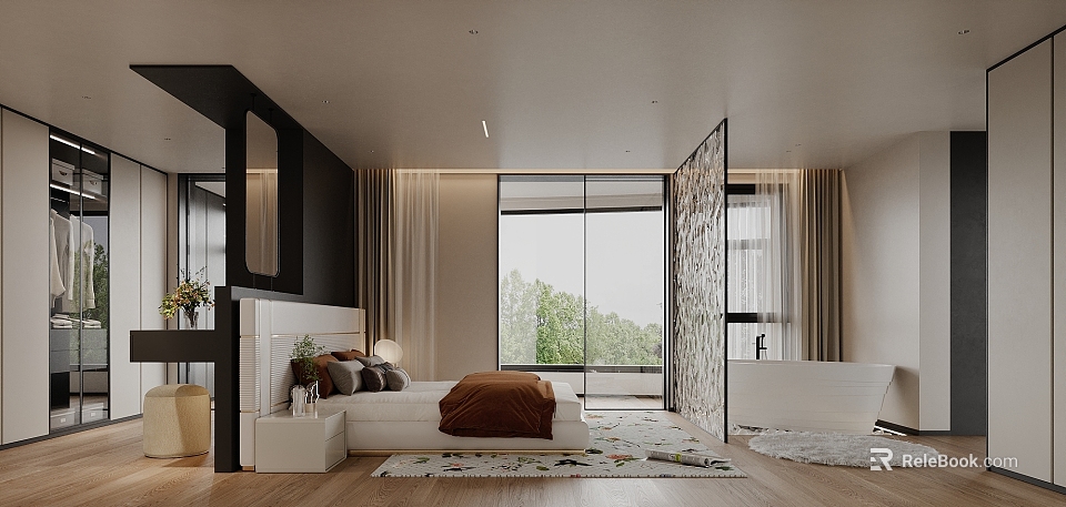 Modern Bedroom Interior With White Bed Brown Blanket Decorative Screen Large Windows Green Trees Outside 3d model 
