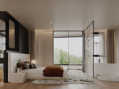 Modern Bedroom Interior With White Bed Brown Blanket Decorative Screen Large Windows Green Trees Outside 3d model