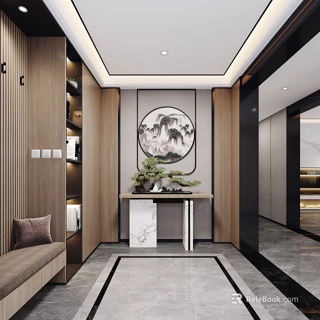 Modern Chinese Foyer Hallway Interior With Round Landscape Painting Console Table And Green Plant 3d model 