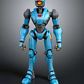 Blue Mechanical Robot Character With Red Chest Accent And Metallic Limbs Structure
