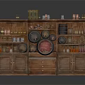 Vintage Wooden Display Cabinet With Barrels Glass Jars And Storage Shelves