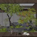 Japanese Style Courtyard Garden With Maple Trees Stone Lantern Small Fountain And Wooden Flooring