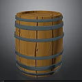 Wooden Barrel With Orange Wood Surface And Silver Metal Hoops Structure