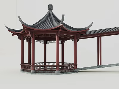 Traditional Chinese Pavilion With Curved Eaves Red Pillars And Tiled Roof 3d model