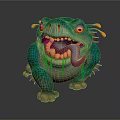 Teal Fantasy Monster With Large Eyes Open Mouth Sticking Tongue Green Orange Slime And Fins