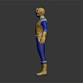 Blue And Yellow Costumed Character With Helmet Holding Two Blue Swords