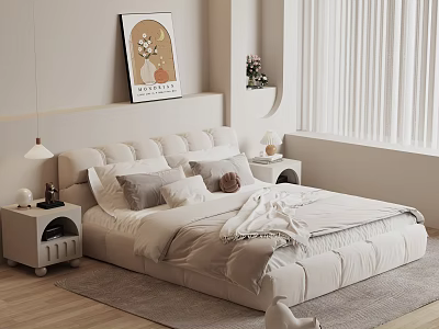 Cozy Beige Bedroom Interior With Plush Pillows Decorative Painting Nightstand Lamp And Window Blinds 3d model