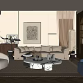 Elegant Modern Living Room With Beige Sofa Marble Coffee Table Blue Armchair And Wall Art