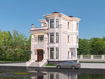 European Style Detached Villa With White Exterior Red Roof And Front Steps Surrounding Green Trees 3d model