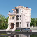 European Style Detached Villa With White Exterior Red Roof And Front Steps Surrounding Green Trees
