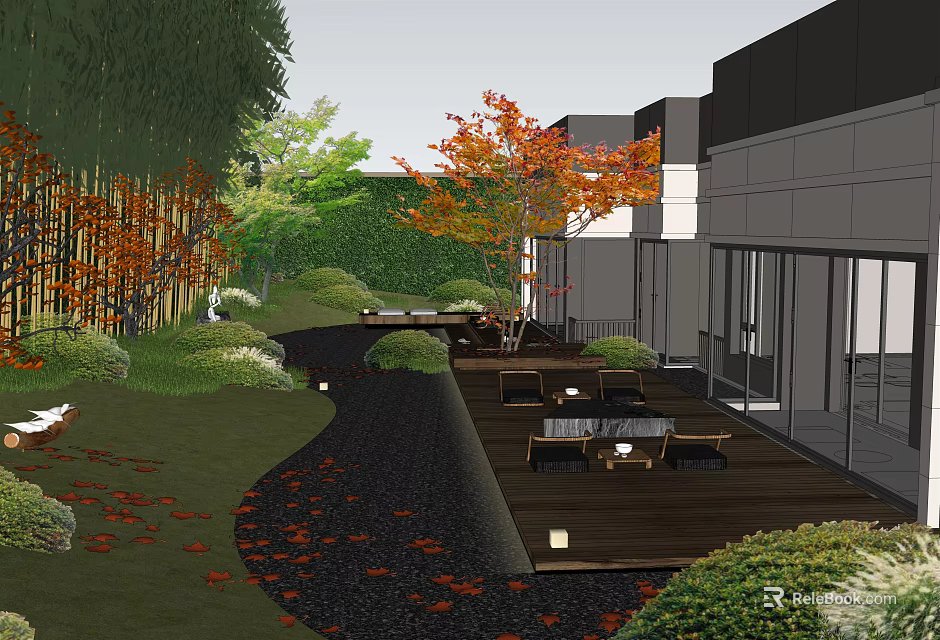 Serene Courtyard Garden With Wooden Deck Green Plants Red Leaf Trees And Outdoor Furniture 3d model 