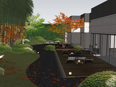 Serene Courtyard Garden With Wooden Deck Green Plants Red Leaf Trees And Outdoor Furniture 3d model