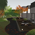 Serene Courtyard Garden With Wooden Deck Green Plants Red Leaf Trees And Outdoor Furniture