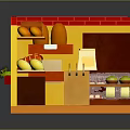 Cartoon Style Bakery Shop Interior With Fruits Bread Display Case And Yellow Red Cabinets