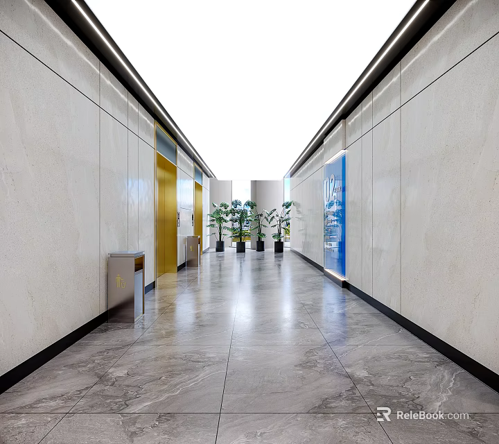 Spacious Modern Elevator Hallway Interior With Bright Lighting Marble Flooring Green Plants And Blue Signage 3d model 