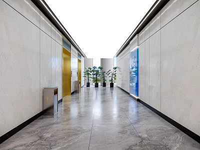 Spacious Modern Elevator Hallway Interior With Bright Lighting Marble Flooring Green Plants And Blue Signage 3d model