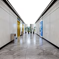 Spacious Modern Elevator Hallway Interior With Bright Lighting Marble Flooring Green Plants And Blue Signage