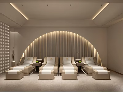 Relaxing SPA Sauna Interior With Comfortable Loungers Arched Wall Lighting And Decorative Panels 3d model