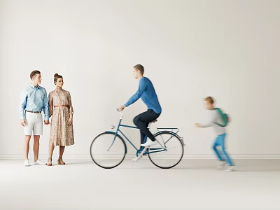 Group of People Standing Riding Bicycle and Running in White Space with Clean Background 3d model