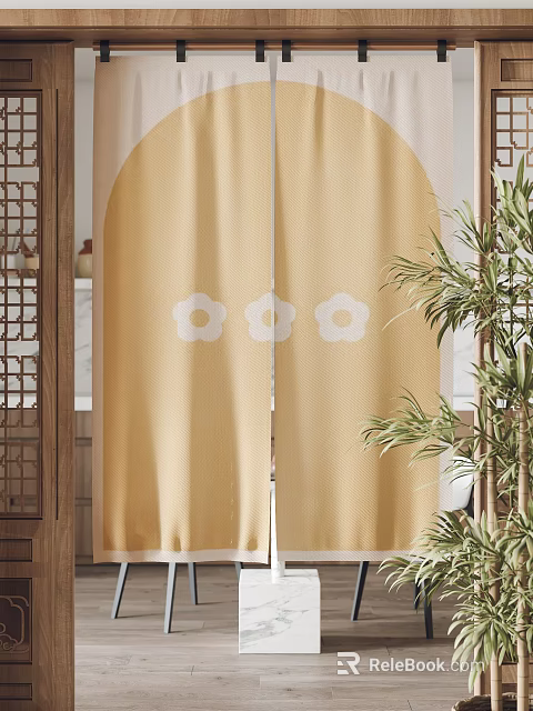 Yellow Curtains With White Flower Patterns In Interior With Bamboo Plants And Wooden Accents 3d model 
