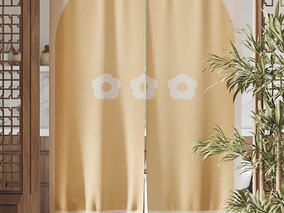 Yellow Curtains With White Flower Patterns In Interior With Bamboo Plants And Wooden Accents 3d model