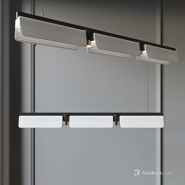 Modern Linear Chandelier Design With Black Frame And Three White Lamps 3d model