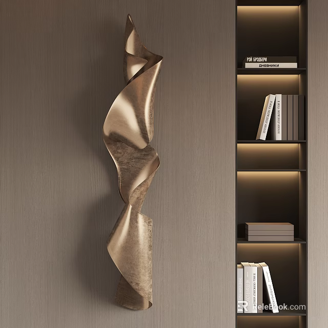 Elegant Wooden Wall with Gold Spiral Decor and Illuminated Bookshelves Holding Books 3d model 