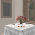 Delicate Decorative Ornament Set with Pink Tablecloth Flower Vase and Fruits on Table near Window