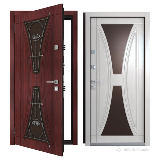 Modern Security Doors with Dark Red Wood Grain and Light Gray Curved Glass Design 3d model 