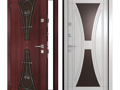 Modern Security Doors with Dark Red Wood Grain and Light Gray Curved Glass Design 3d model