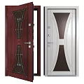 Modern Security Doors with Dark Red Wood Grain and Light Gray Curved Glass Design