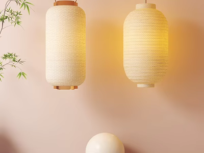 Woven Hanging Lanterns With Light Yellow Glow And Bamboo Leaves Against Light Pink Wall 3d model