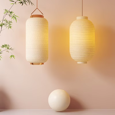 Woven Hanging Lanterns With Light Yellow Glow And Bamboo Leaves Against Light Pink Wall 3d model