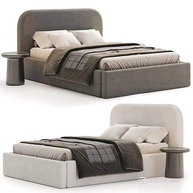 Modern Upholstered Double Bed with Beige Gray Headboard Round Nightstand and Plaid Blanket 3d model 