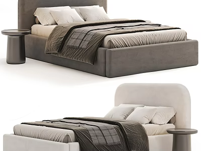 Modern Upholstered Double Bed with Beige Gray Headboard Round Nightstand and Plaid Blanket 3d model