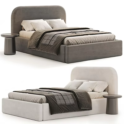 Modern Upholstered Double Bed with Beige Gray Headboard Round Nightstand and Plaid Blanket 3d model
