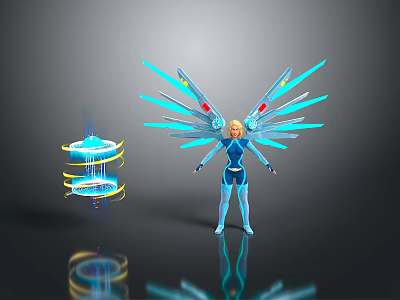 Futuristic Female Character With Blue Tech Inspired Wings And Spiral Object 3d model
